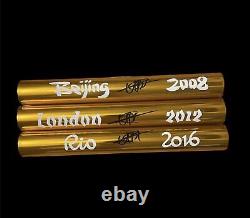 Usain Bolt Signed Beijing 2008 London 2012 Rio 2016 Gold Batons COA Proof Pho