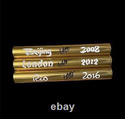 Usain Bolt Signed Beijing 2008 London 2012 Rio 2016 Gold Batons COA Proof Pho